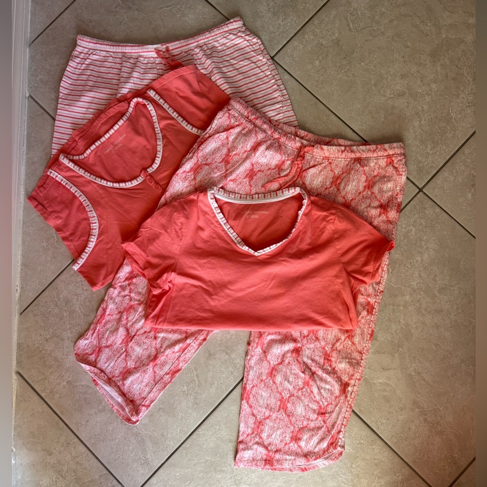 🧡Carole Hochman 4 piece Pajama Set Coral and White Pajama 100% cotton 🧡EUC